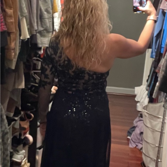 Navy Blue One Shoulder Chiffon Dress with Sliit - Picture 3 of 6